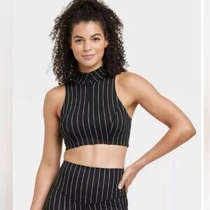 NWT! Women's High Neck Zip Up Bra JoyLab Black Striped MED